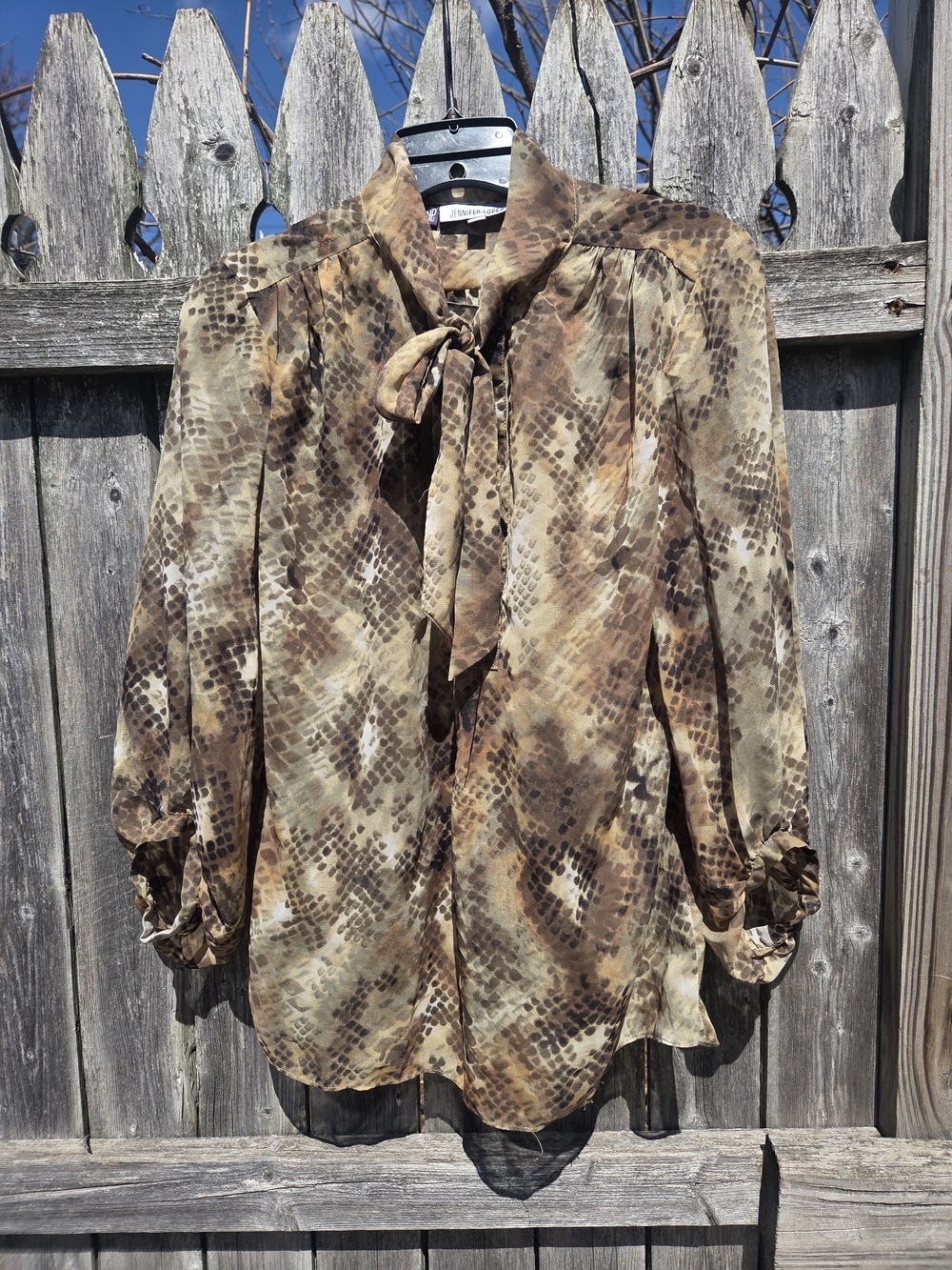 Jennifer Lopez Brown & Tan Snake-Print Tie-Neck Blouse